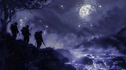 Intrepid Adventurers Exploring the Enchanted Mountain Peaks under a Mesmerizing Moonlit Sky