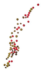 Red, green and black peppercorns scattered on isolated background