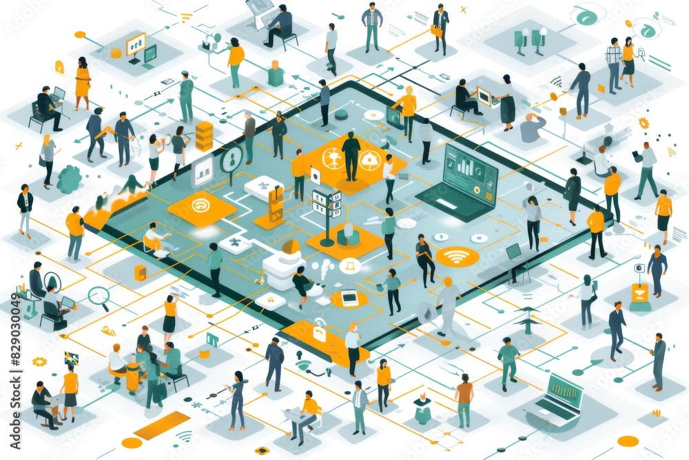Poster isometric view of a smart city with interconnected digital systems, symbolizing the integration of t