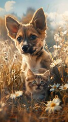 Playful Puppy and Curious Kitten Frolicking in Flower-Filled Meadow