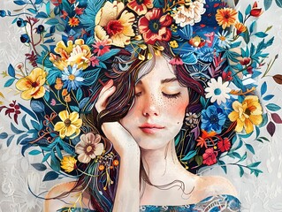 Serene Floral Portrait of a Whimsical Bohemian Woman Surrounded by Vibrant Blooming Botanicals