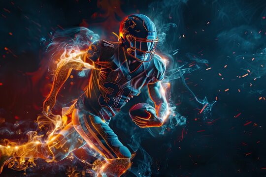 American football player running with ball in neon light.