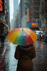  Rain-soaked urban setting with person under a colorful umbrella