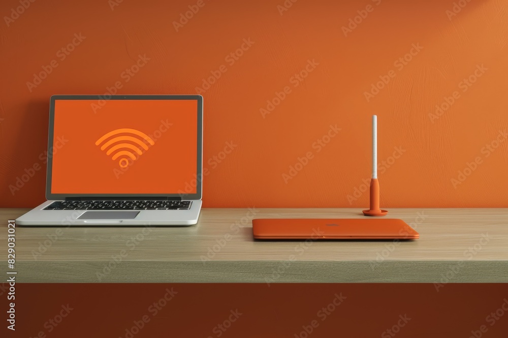 Poster minimalist office setup with sleek laptop and router, emphasizing clean design and efficient wi fi c