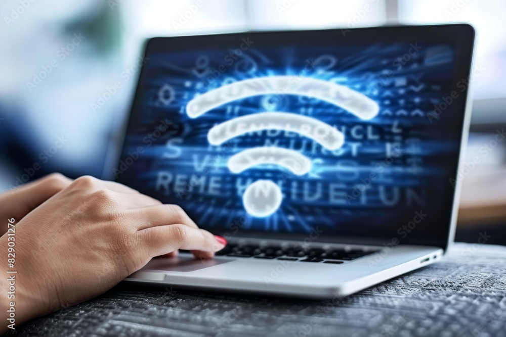 Poster close up of hands typing on a laptop with wi fi icon, representing the integral role of wireless con