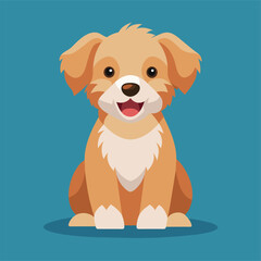 Brown and white dog sits on blue background, smiling