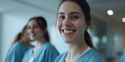 Two healthcare professionals in blue scrubs in a clinical environment, focus on the closest person