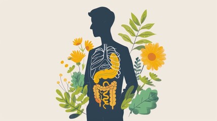 Illustration of a person with a highlighted digestive system, showing the positive effects of consuming kelp on digestion