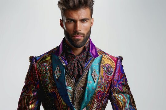 A man with a beard wearing a colorful suit. Suitable for fashion or quirky concepts