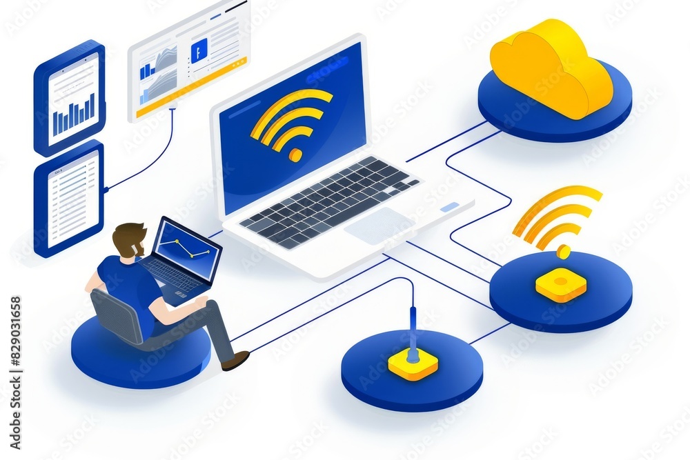 Poster isometric illustration of network administrators managing a digital workflow, highlighting the effic