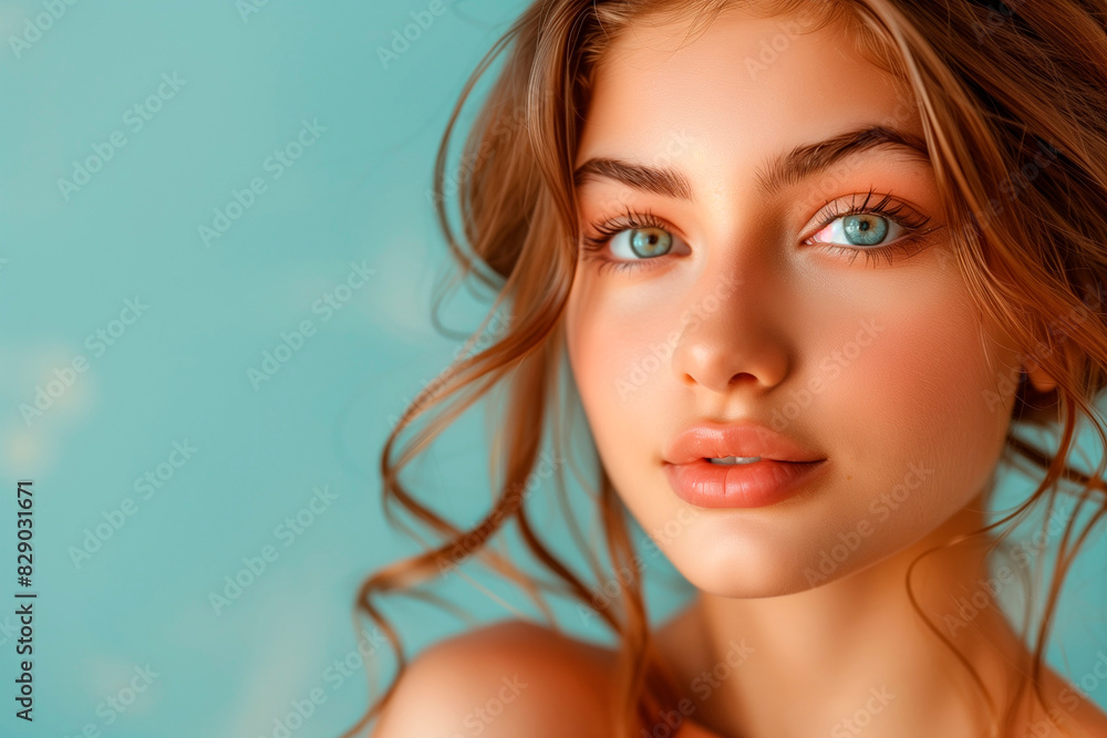 Wall mural Close-up portrait of a young woman with curly hair, looking confidently at the camera.