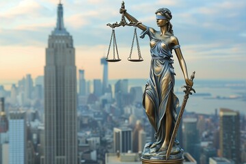 Statue of Themis, the goddess of justice, stands on the top of skyscraper, holding a balance scale, city on background. Beautiful realistic image.
