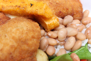Lunch box with beans, rice, fried polenta, salad and breaded meat. details of the meal. Typical Brazilian meal.