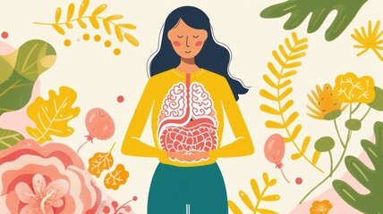 Illustration of a person with a highlighted digestive system, showing the positive effects of consuming kelp on digestion