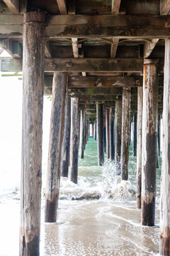 Exterior shot of the wooden support structure that carries the Sea Cliff Pier near Aptos, California.