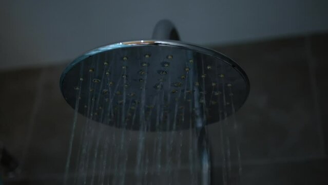Shower head, close-up. Water flows in the shower stall. Take a shower in the bathroom