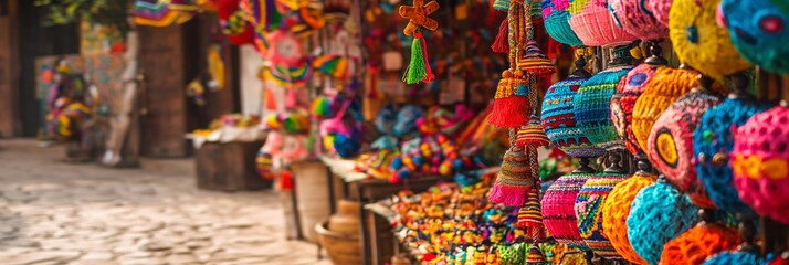 An array of handcrafted items at an outdoor market boasting colorful textiles and festive atmosphere