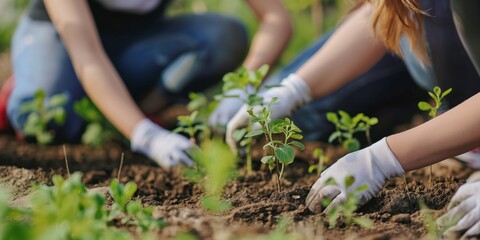Close-up image of two individuals engaged in planting small green saplings in fertile earth, conveying an eco-friendly activity