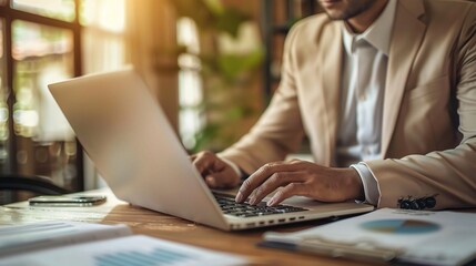businessman, in a beige suit, analyzing financial data on his laptop