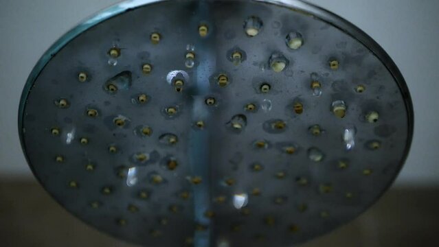  Drops of water flow from the faucet in the toilet. Shower head, close-up. Water flows in the shower stall. Take a shower in the bathroom