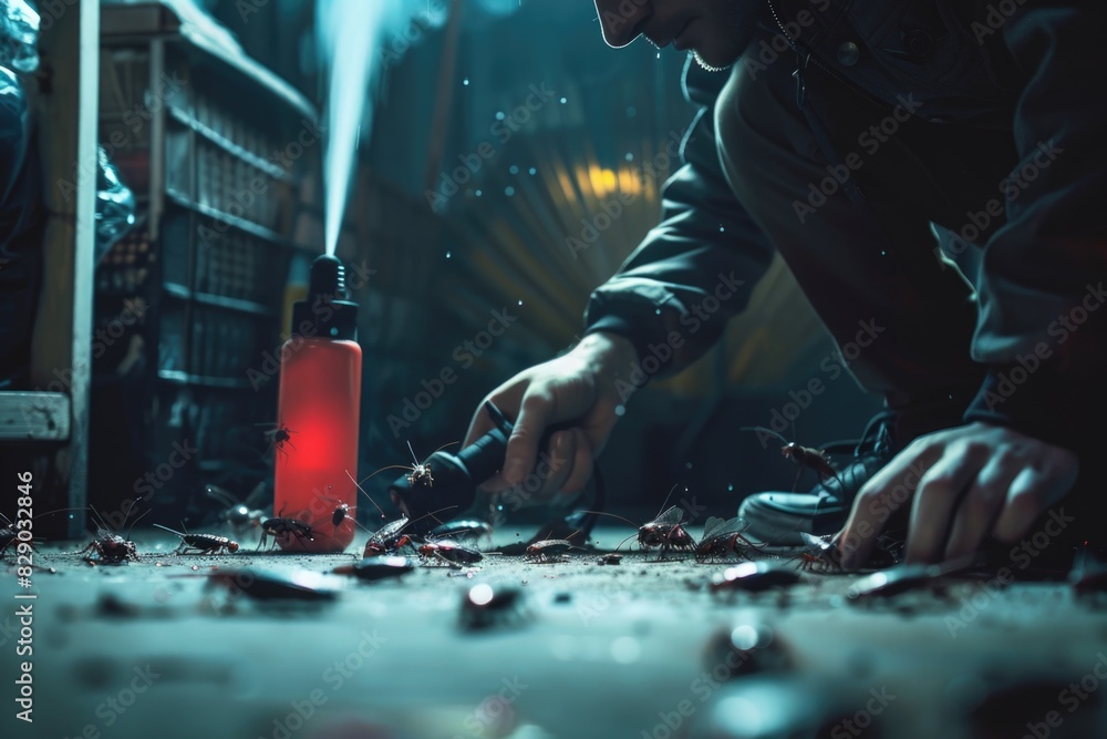 Poster a man in a black jacket working on a red object. suitable for industrial and technology concepts
