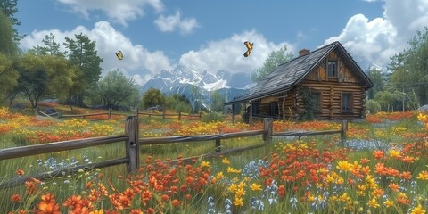 Tranquil Wildflower Meadow Cabin Scene, generative ai