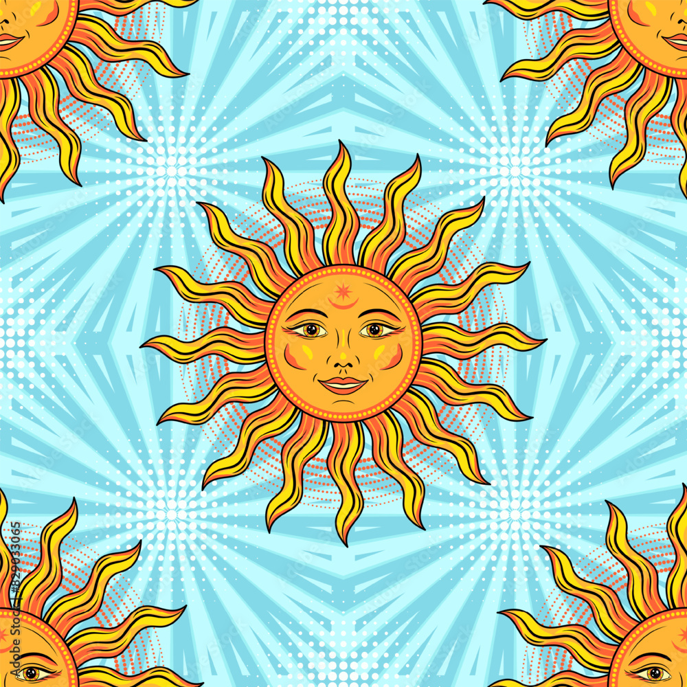 Poster seamless pattern with sun with smiling face, halftone shapes on retro blue background behind with ra