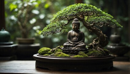 Bonsai tree flourishing with lush green leaves with Buddha statue sitting peacefully
