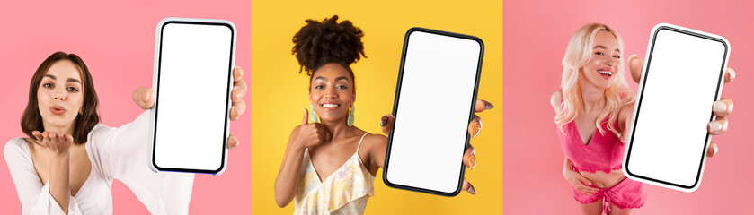 A group of multiethnic women are standing together, each holding up a blank phone screen towards...