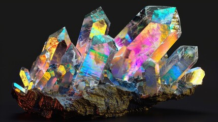 A cluster of multicolored crystals on a rock. Perfect for geology or natural beauty concepts
