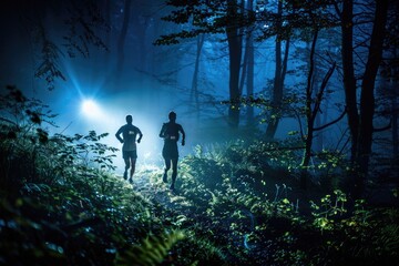 Two men running in the woods at night. Suitable for outdoor adventure or thriller concepts