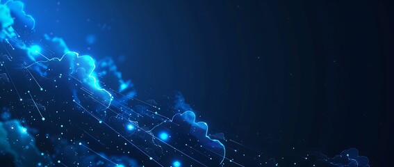 "Abstract Digital Cloud Technology Background with Neon Data Connections and Particle Effects in a Blue Theme"