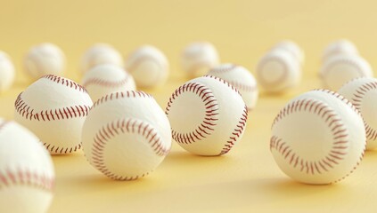 3D rendering of baseballs on a yellow background. A group or row of white baseball balls in the center of the composition. Banner, copy space concept. Soft lighting. Close up shot. 