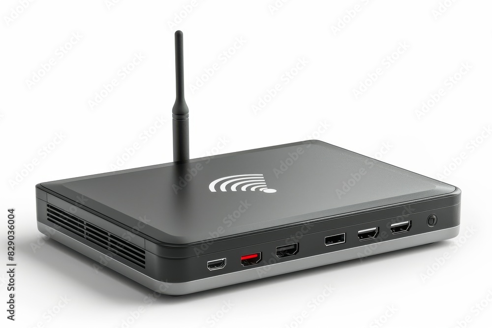 Poster sleek wi fi router on a minimalist desk, symbolizing the unseen yet essential role of wireless netwo