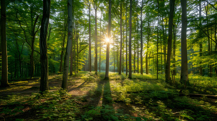 A forest with trees and a sun shining through the trees