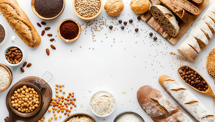 Different gluten free products on white background, top view