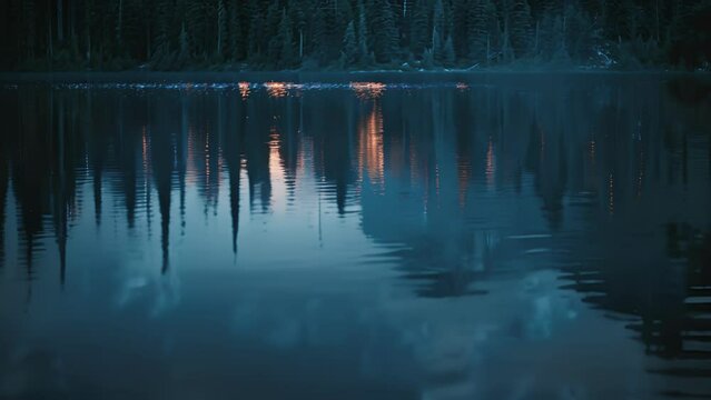 The soft blue light of St. Elmos Fire reflecting off the still waters of a lake.