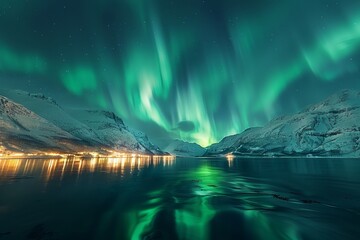 A breathtaking view of the Northern Lights over snow-covered mountains in Norway, with vibrant green lights dancing above an icy lake and cityscape below. The photo captures the awe-inspiring 