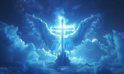 a bright big angel, a cross that glows with radiance, and another place is the sky for the blue text