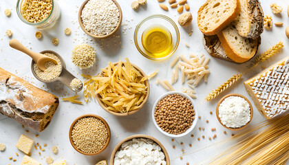 Different gluten free products on white background, top view