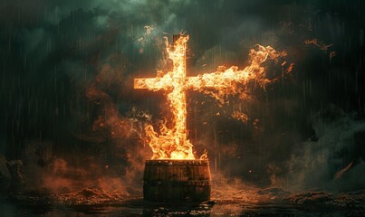 a bright large Christian cross burning with white fire, placed on the trunk in the background, and the sky for the text is blue in another place 