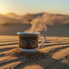 steaming cup of coffee on desert sand at sunrise
