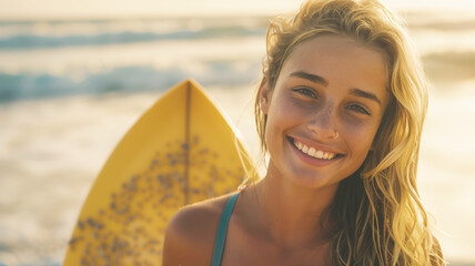 Portrait of a smiley young woman with a curly hairstyle, shot at the sunny day of beach vacation. - Powered by Adobe
