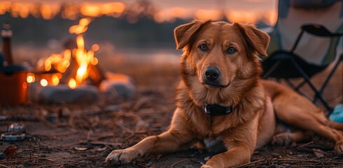 A brown American dog is lying on the ground next to an outdoor camping chair and bonfire, with warm tones. The background features a large fire pit, creating a cinematic feel with a telephoto lens.