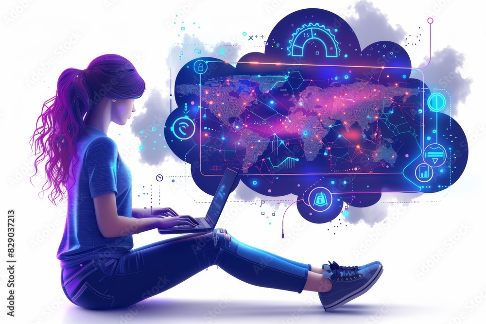 Poster woman using futuristic augmented reality interface to access digital networks, illustrating the inte