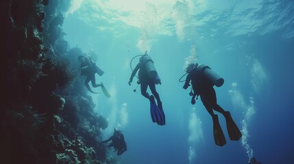 divers in a bright underwater reef with fish and corals