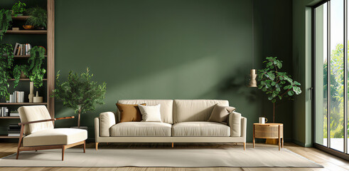 sala moderna  parede verde e sofá bege. Conceito de design de casa minimalista para um banner de fundo interior de casa. Ilustração 
