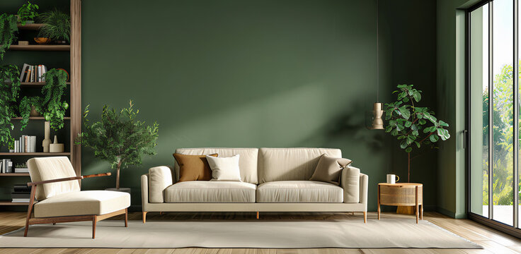sala moderna  parede verde e sof&aacute; bege. Conceito de design de casa minimalista para um banner de fundo interior de casa. Ilustra&ccedil;&atilde;o 