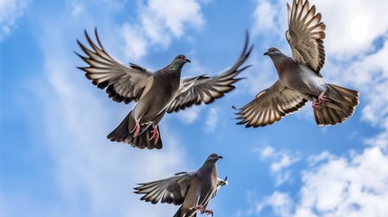 Pigeon in flight against the blue sky, pigeons in flight