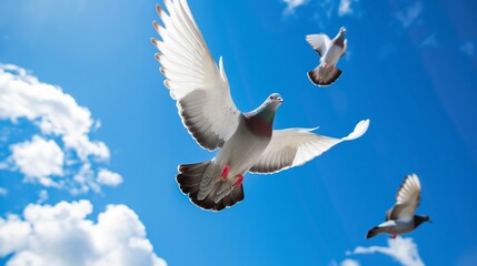Obraz premium Pigeon in flight against the blue sky, pigeons in flight